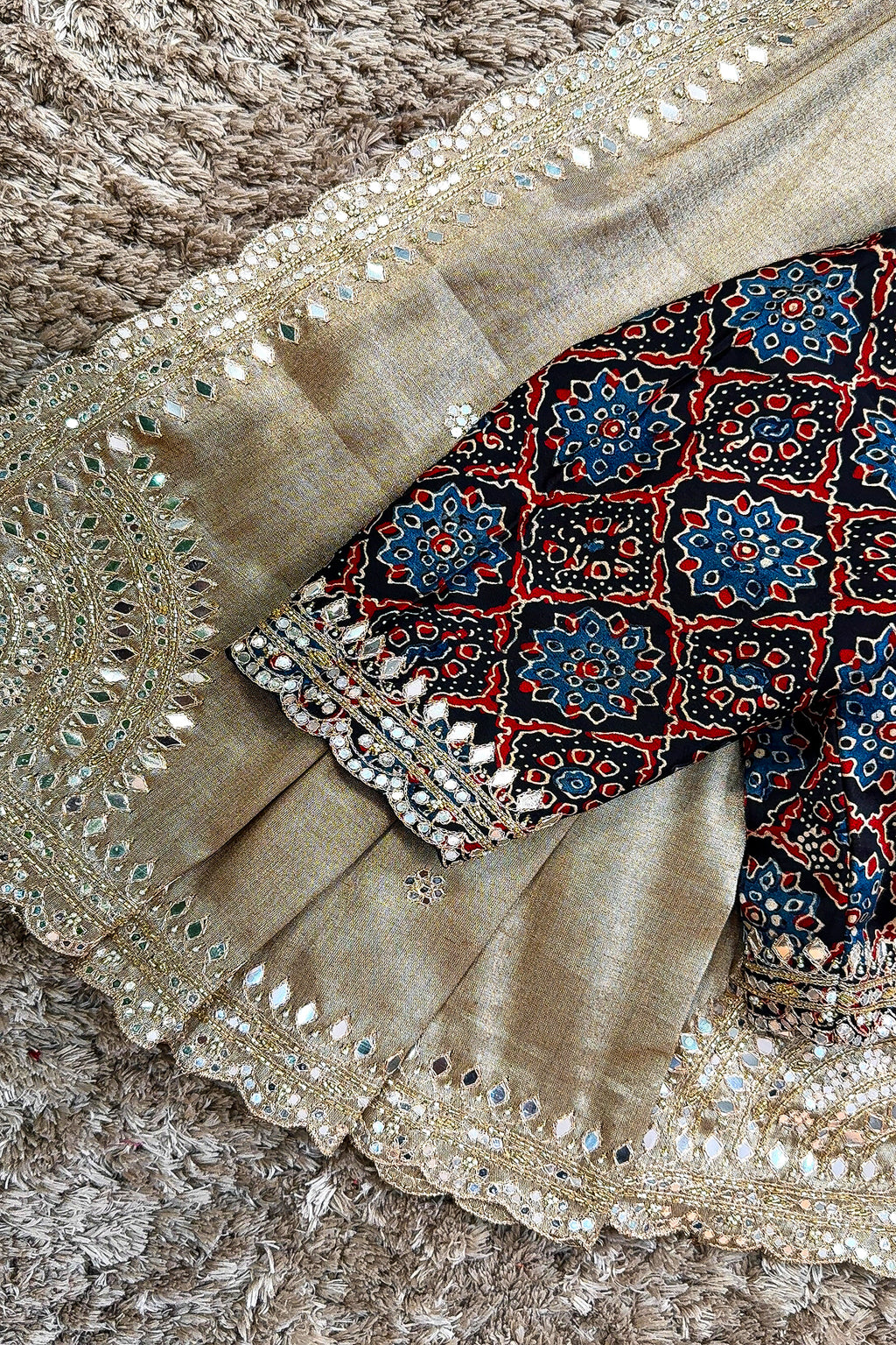 Golden Tissue Silk Mirror Applique and Cutdana Worked Saree with Ajrakh Printed Readymade Blouse