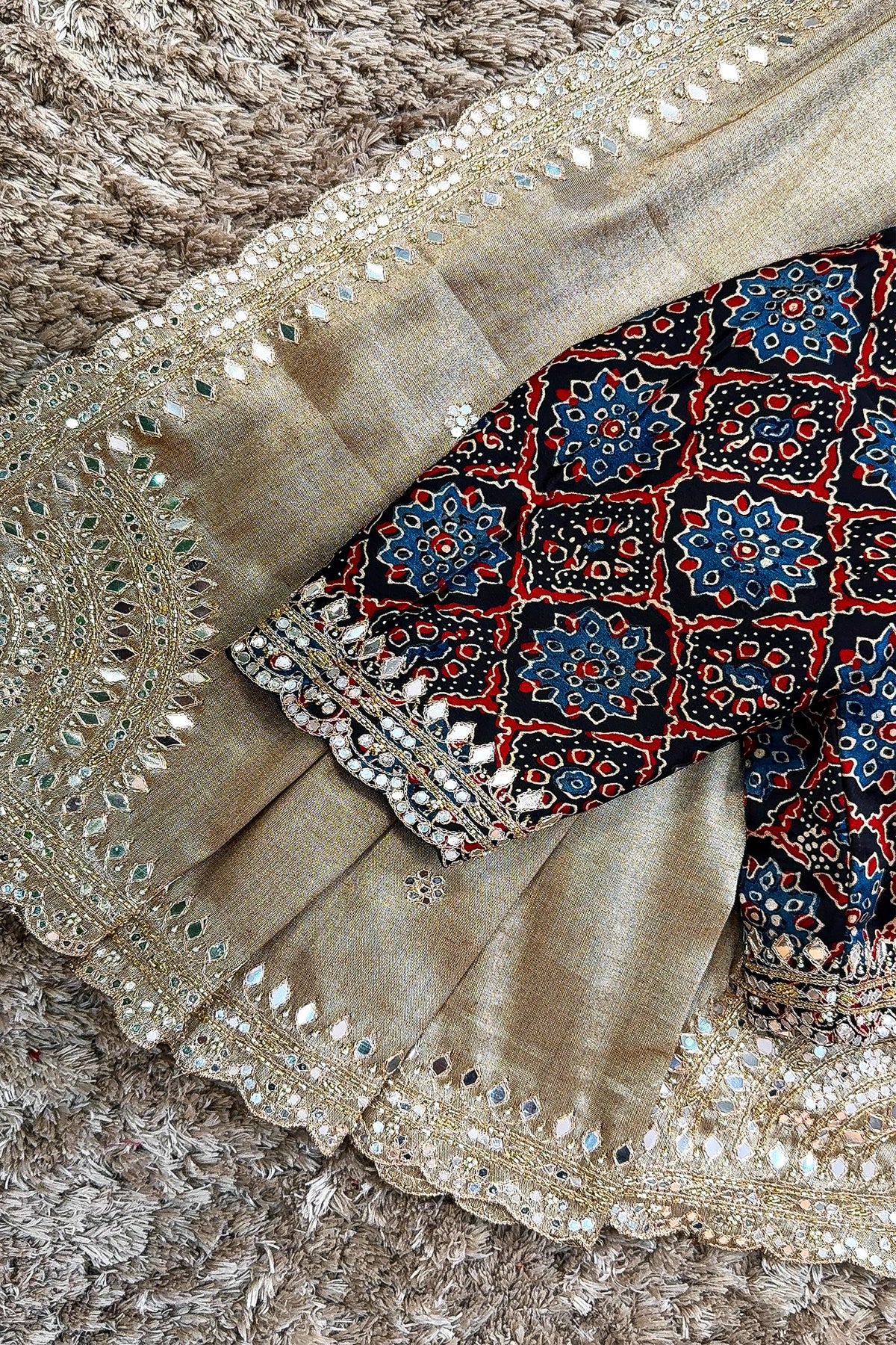 Golden Tissue Silk Mirror Applique and Cutdana Worked Saree with Ajrakh Printed Readymade Blouse