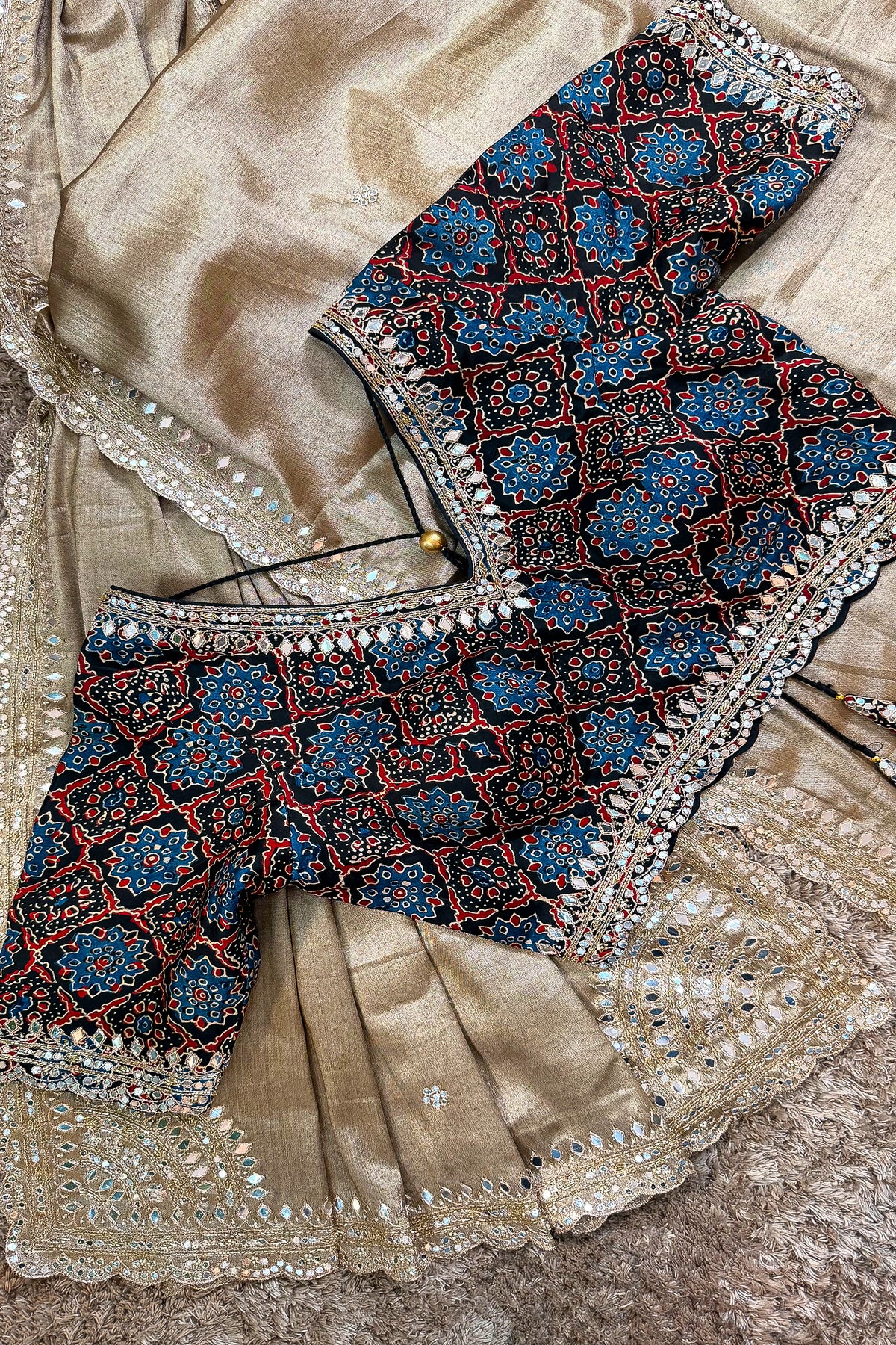 Golden Tissue Silk Mirror Applique and Cutdana Worked Saree with Ajrakh Printed Readymade Blouse