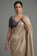 Golden Tissue Silk Mirror Applique and Cutdana Worked Saree with Ajrakh Printed Readymade Blouse