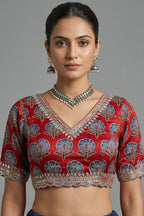 Golden Tissue Silk Mirror Applique and Cutdana Worked Saree with Ajrakh Printed Readymade Blouse