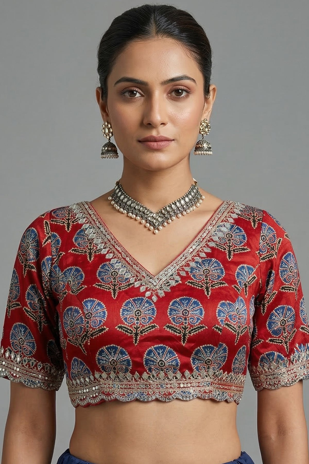 Golden Tissue Silk Mirror Applique and Cutdana Worked Saree with Ajrakh Printed Readymade Blouse