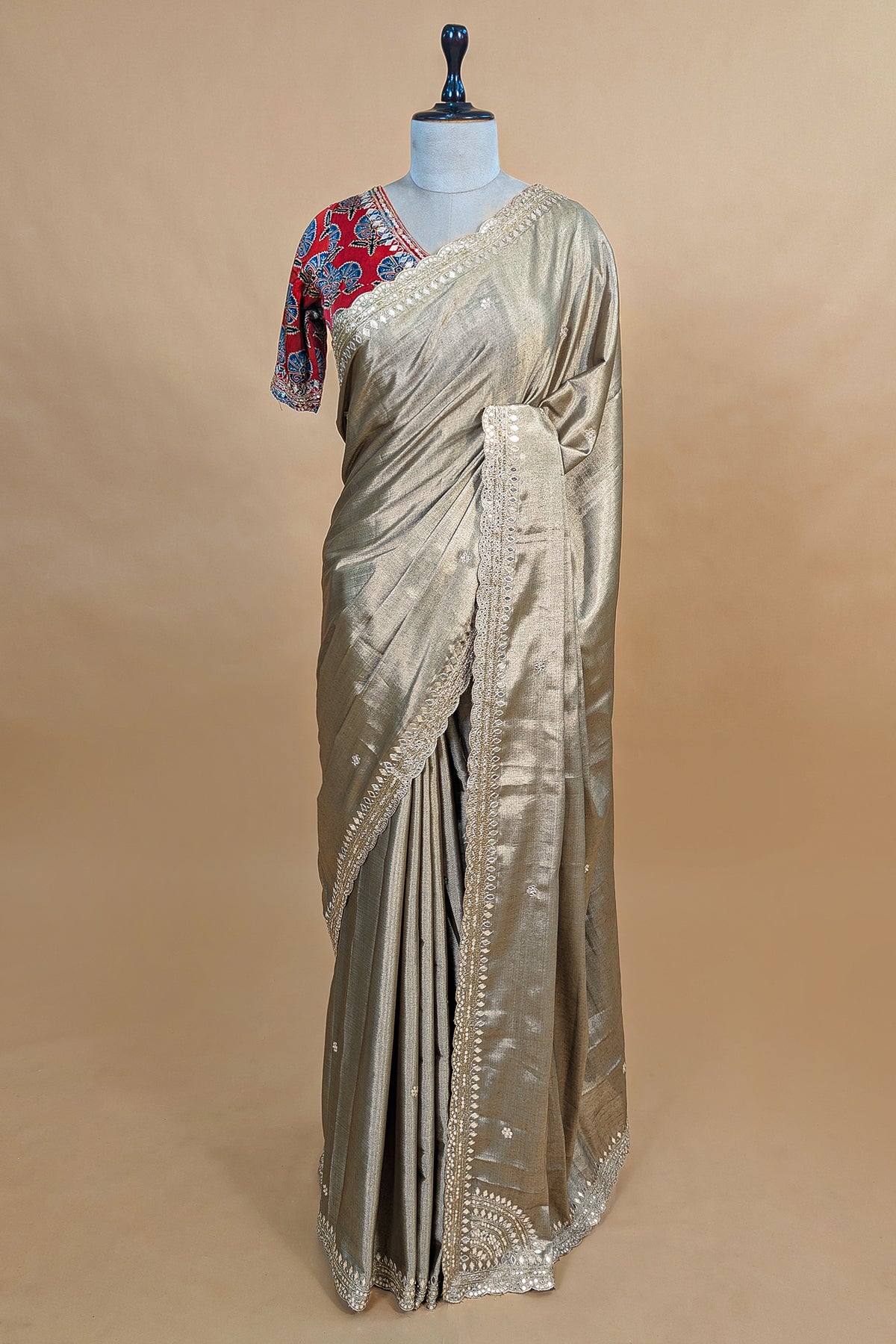 Golden Tissue Silk Mirror Applique and Cutdana Worked Saree with Ajrakh Printed Readymade Blouse
