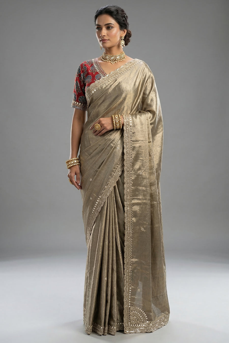 Golden Tissue Silk Mirror Applique and Cutdana Worked Saree with Ajrakh Printed Readymade Blouse