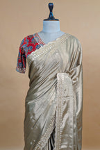 Golden Tissue Silk Mirror Applique and Cutdana Worked Saree with Ajrakh Printed Readymade Blouse