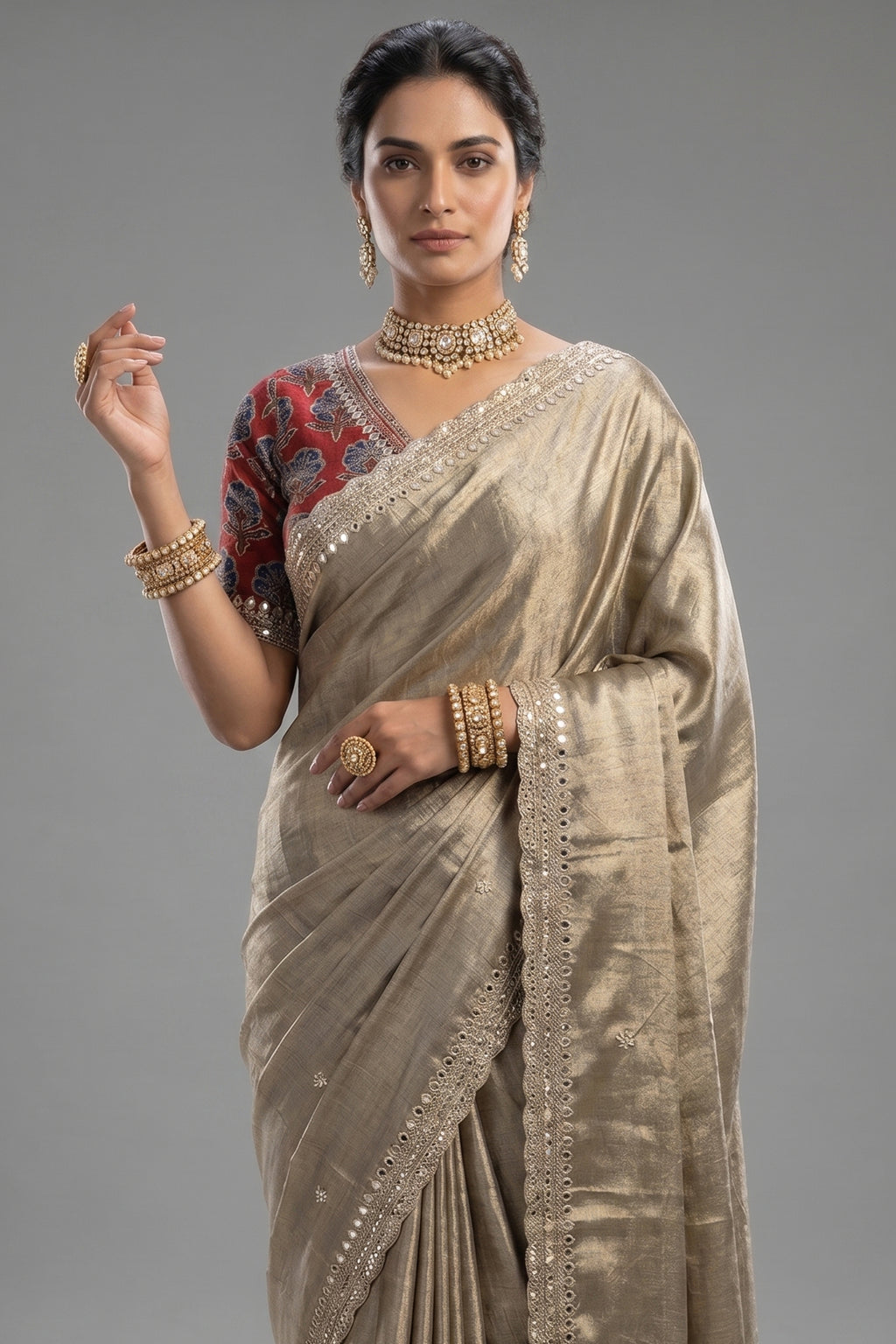 Golden Tissue Silk Mirror Applique and Cutdana Worked Saree with Ajrakh Printed Readymade Blouse