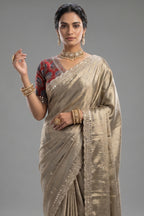 Golden Tissue Silk Mirror Applique and Cutdana Worked Saree with Ajrakh Printed Readymade Blouse