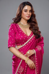 Rani Pink Satin Silk Beads and Mirror Worked Saree with Readymade Blouse