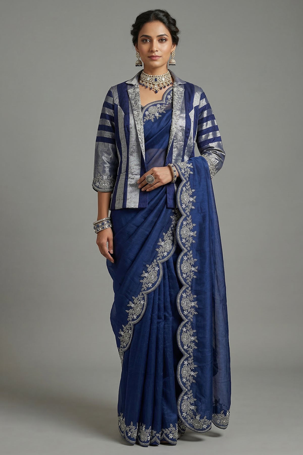 Blue Organza Solid Saree with Scalloped Zardosi Cutdana Worked Border and jacket-style Ready-made Blouse