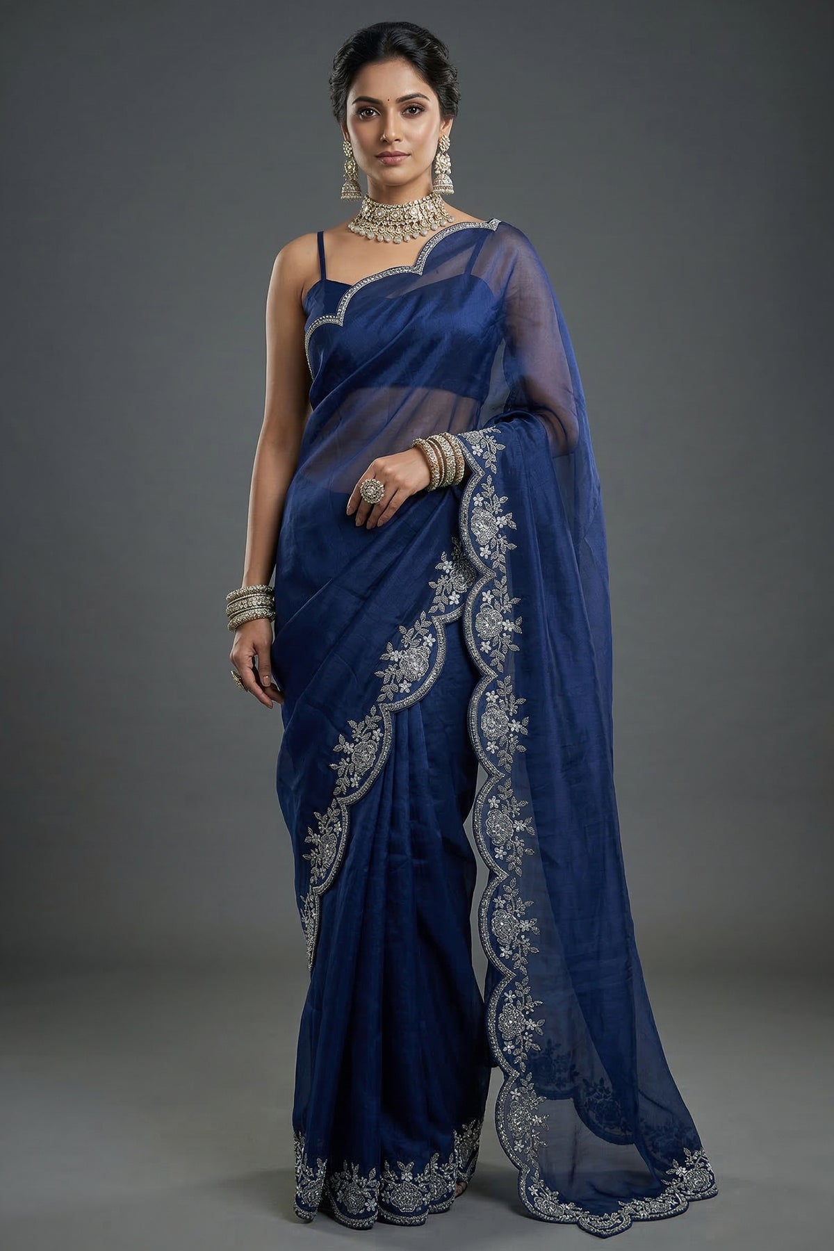 Blue Organza Solid Saree with Scalloped Zardosi Cutdana Worked Border and jacket-style Ready-made Blouse