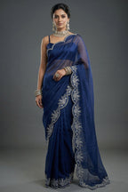 Blue Organza Solid Saree with Scalloped Zardosi Cutdana Worked Border and jacket-style Readymade Blouse
