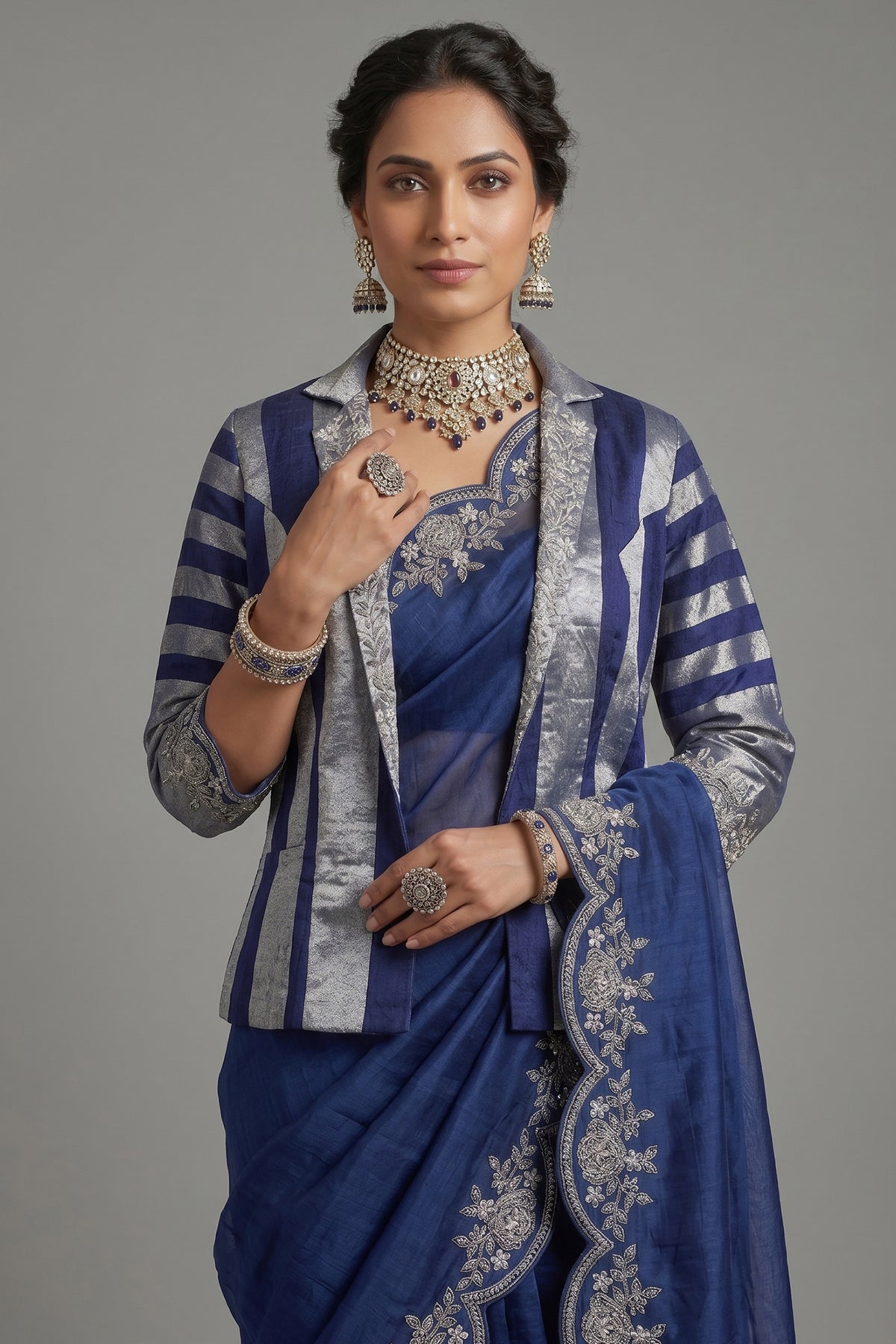 Blue Organza Solid Saree with Scalloped Zardosi Cutdana Worked Border and jacket-style Ready-made Blouse