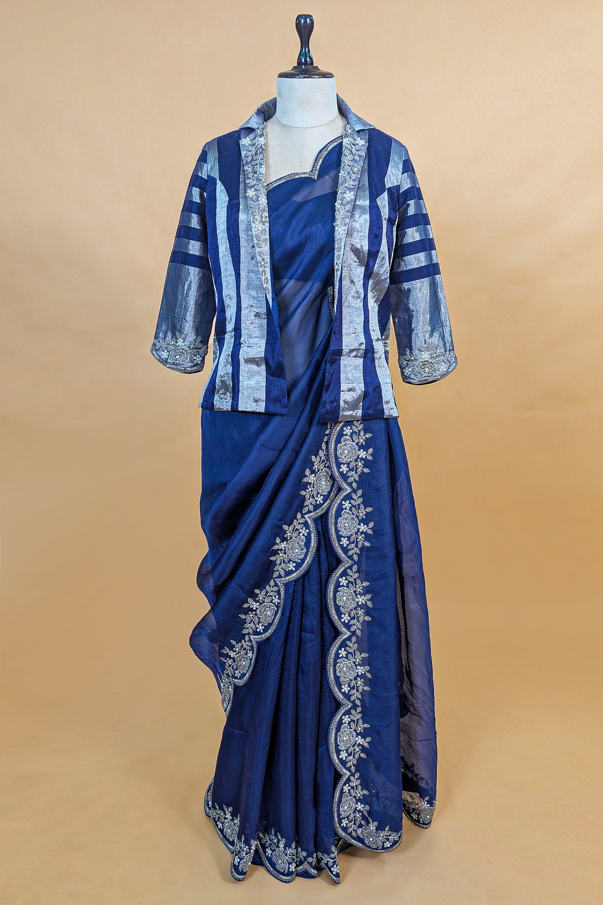 Blue Organza Solid Saree with Scalloped Zardosi Cutdana Worked Border and jacket-style Ready-made Blouse