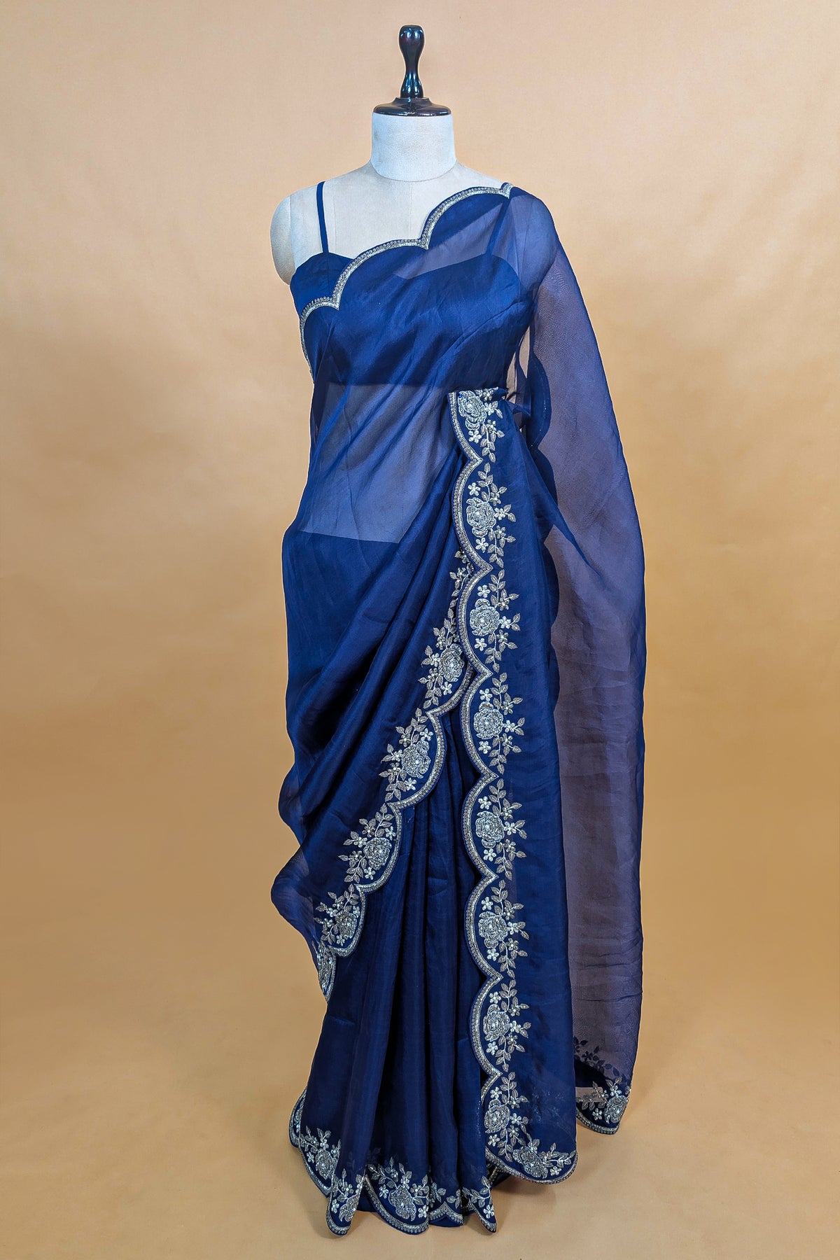 Blue Organza Solid Saree with Scalloped Zardosi Cutdana Worked Border and jacket-style Ready-made Blouse