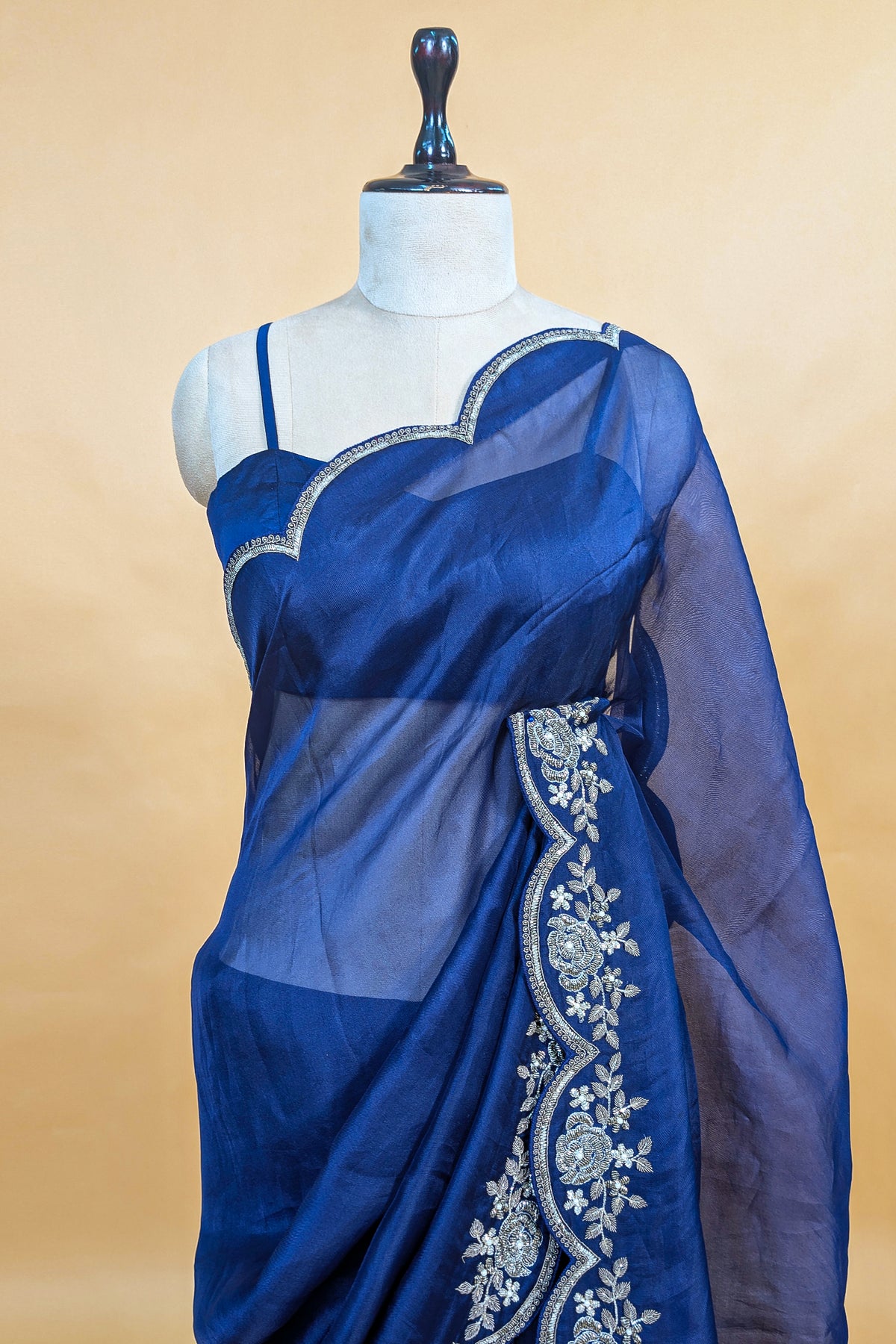 Blue Organza Solid Saree with Scalloped Zardosi Cutdana Worked Border and jacket-style Ready-made Blouse