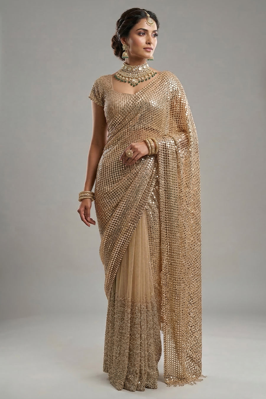 Beige Net Half and Half Designer Saree with Sequins and Cutdana Work