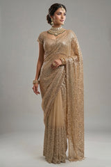 Beige Net Half and Half Designer Saree with Sequins and Cutdana Work