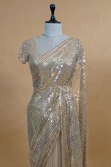 Beige Net Half and Half Designer Saree with Sequins and Cutdana Work