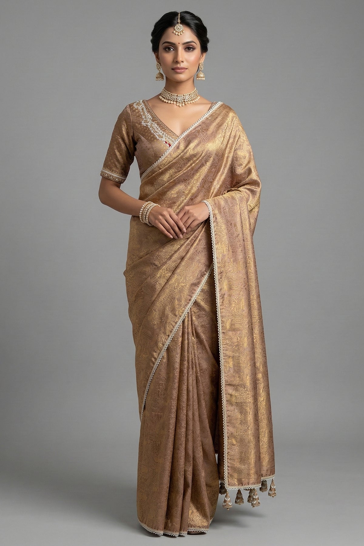 Beige and Golden Two Toned Woven Saree with Beaded V Neckline Readymade Blouse