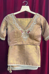 Beige and Golden Two Toned Woven Saree with Beaded V Neckline Readymade Blouse