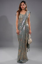 Mint Blue Lycra Net Sequinned Ready to Wear Saree with Designer Corset Blouse