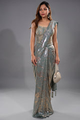 Mint Blue Lycra Net Sequinned Ready to Wear Saree with Designer Corset Blouse