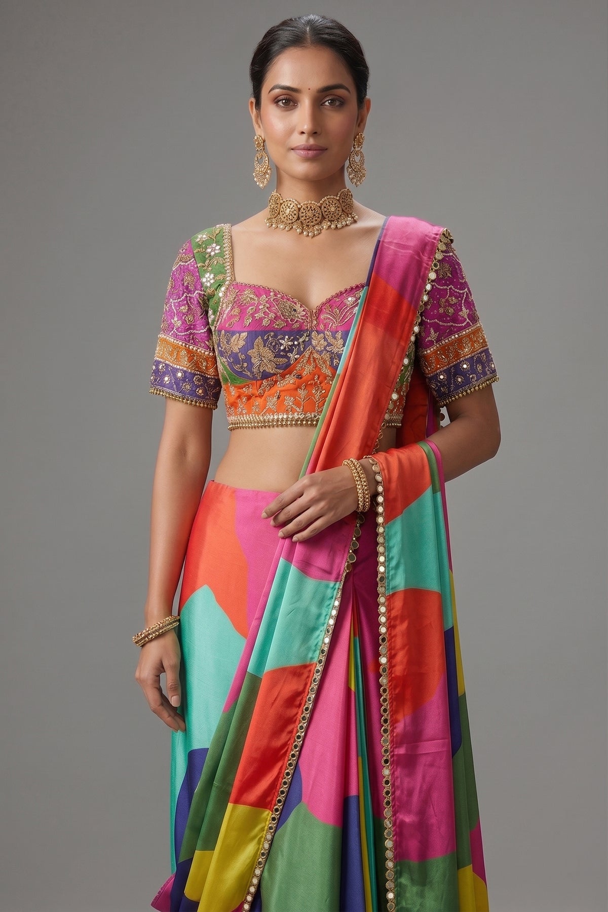 Multi Colored Crepe Silk Readymade Saree with Sweet Heart Neckline Blouse