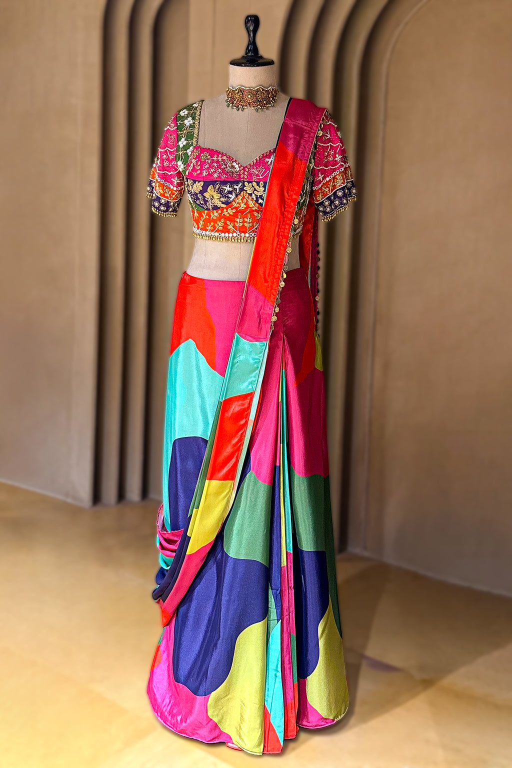 Multi Colored Crepe Silk Readymade Saree with Sweet Heart Neckline Blouse