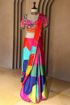Multi Colored Crepe Silk Readymade Saree with Sweet Heart Neckline Blouse