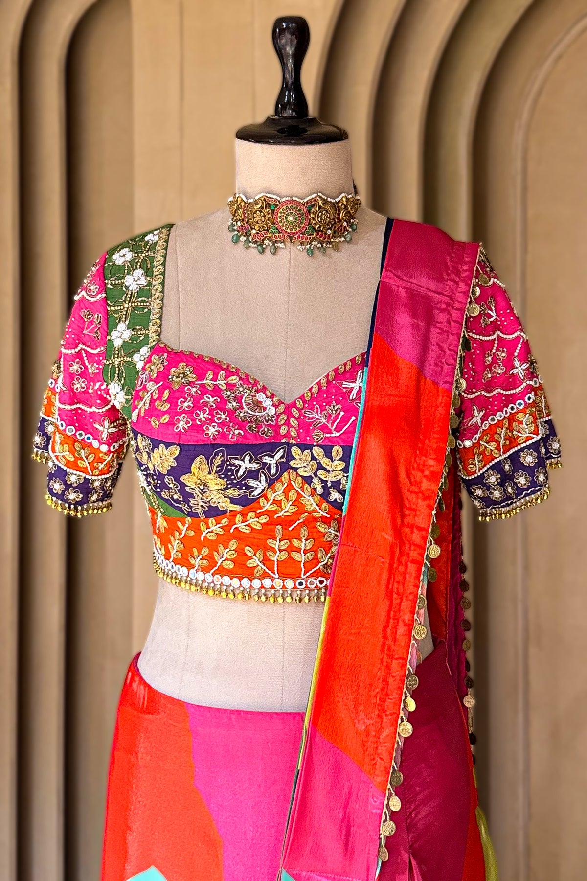 Multi Colored Crepe Silk Readymade Saree with Sweet Heart Neckline Blouse