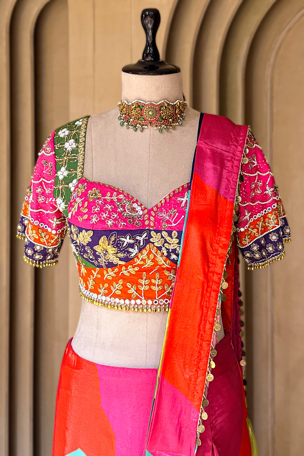 Multi Colored Crepe Silk Readymade Saree with Sweet Heart Neckline Blouse