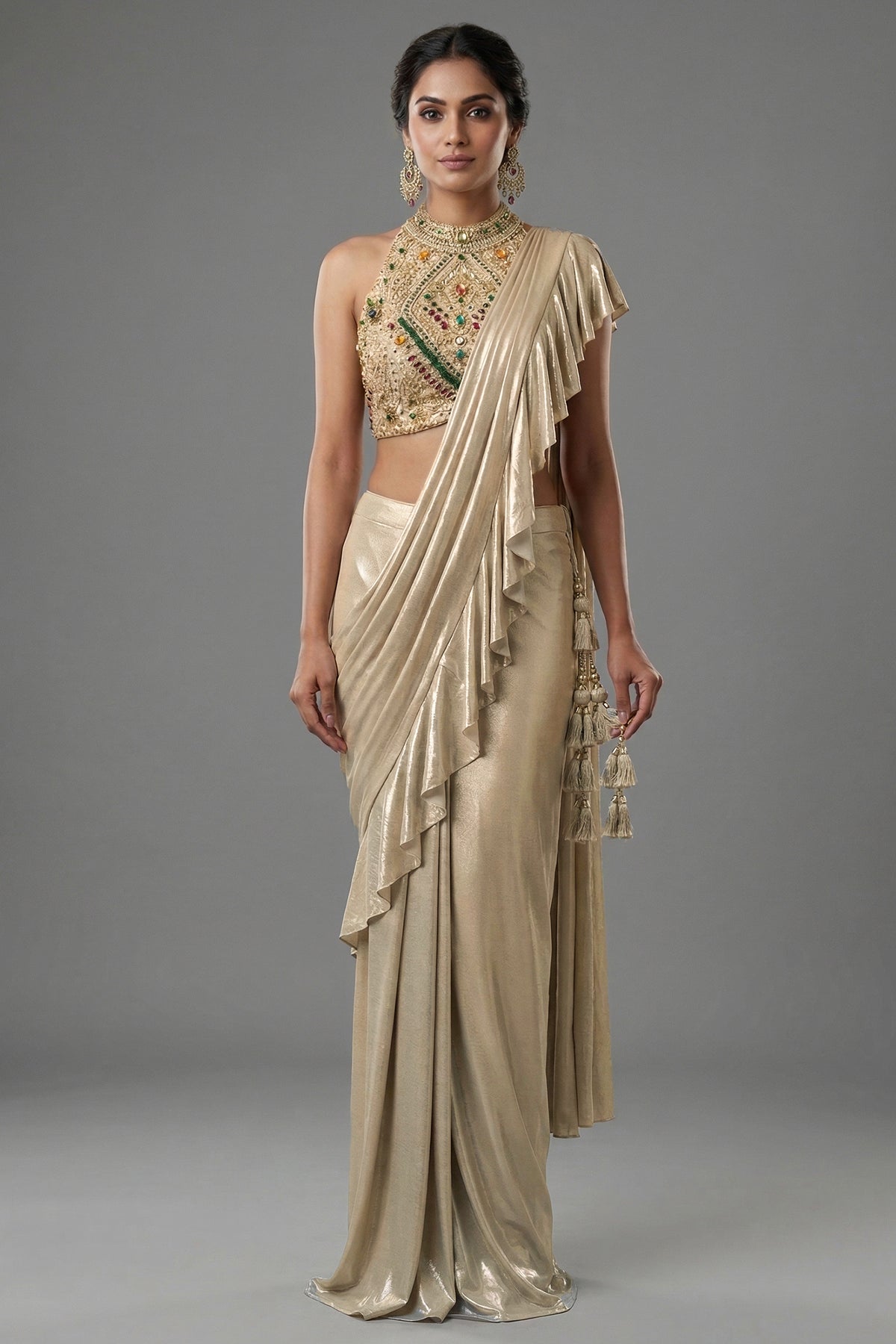 Golden Imported Ready-made Ruffle Saree with Halter Neck Embellished Blouse