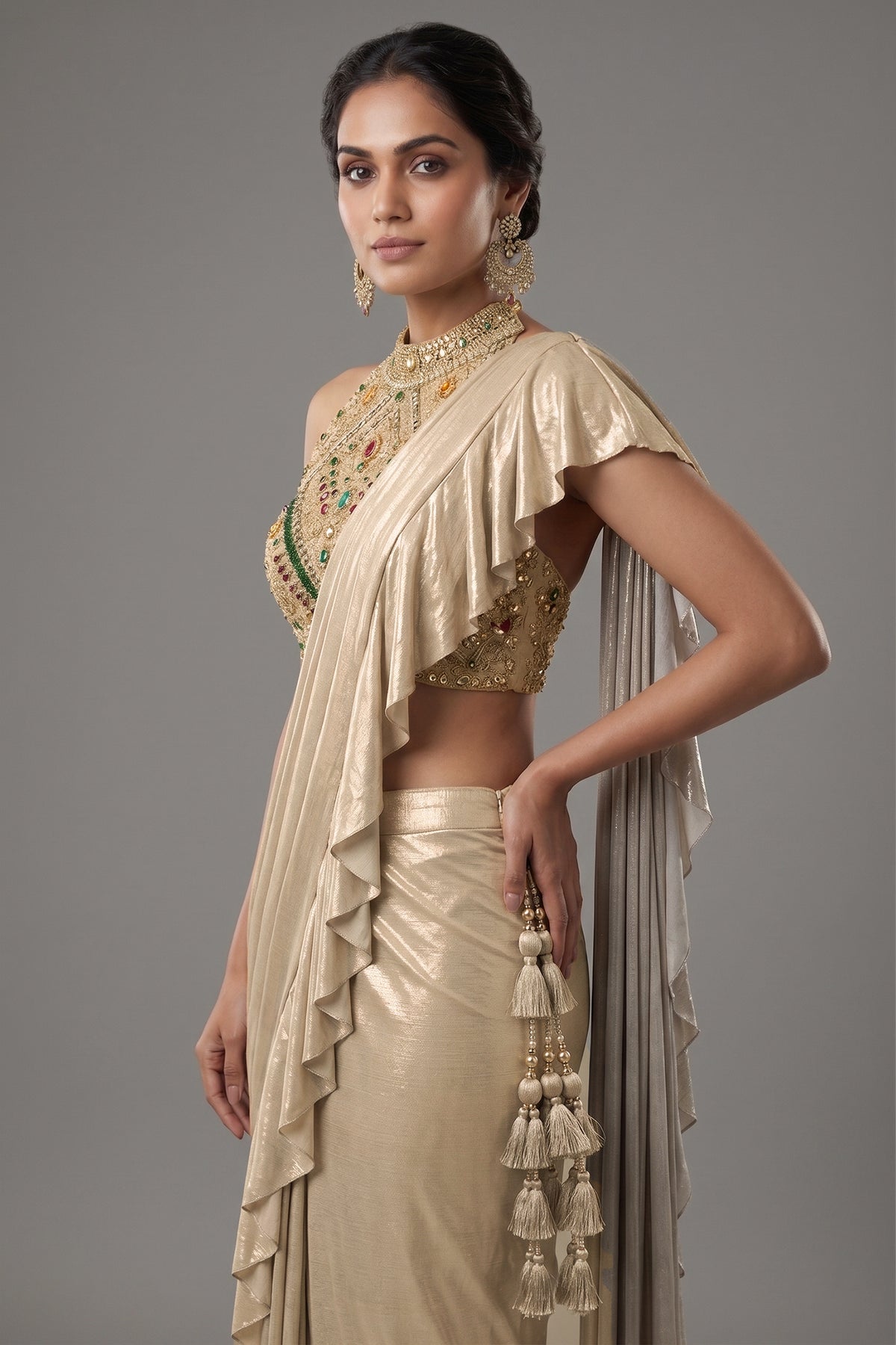 Golden Imported Ready-made Ruffle Saree with Halter Neck Embellished Blouse