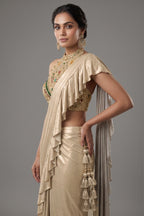 Golden Imported Readymade Ruffle Saree with Halter Neck Embellished Blouse