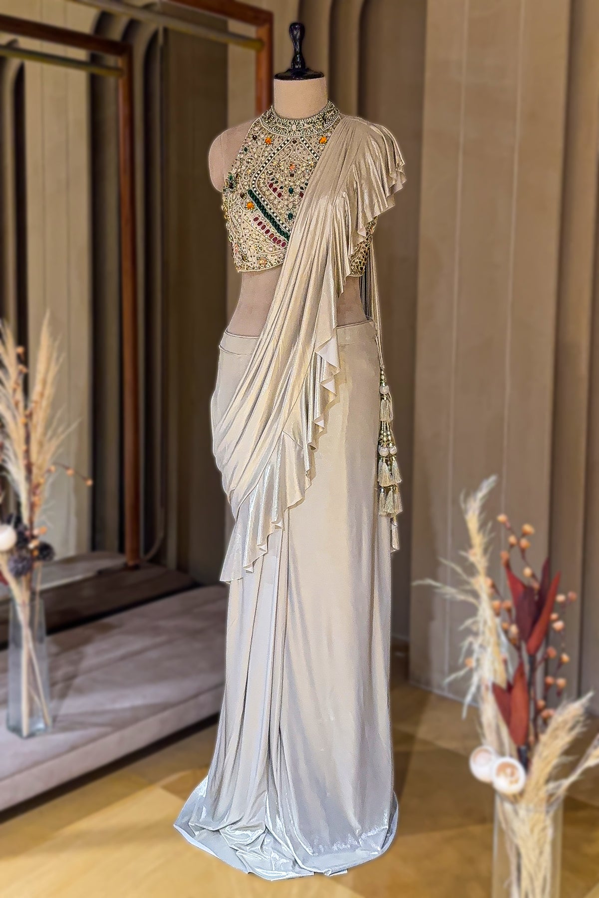 Golden Imported Ready-made Ruffle Saree with Halter Neck Embellished Blouse