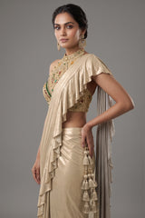 Golden Imported Readymade Ruffle Saree with Halter Neck Embellished Blouse