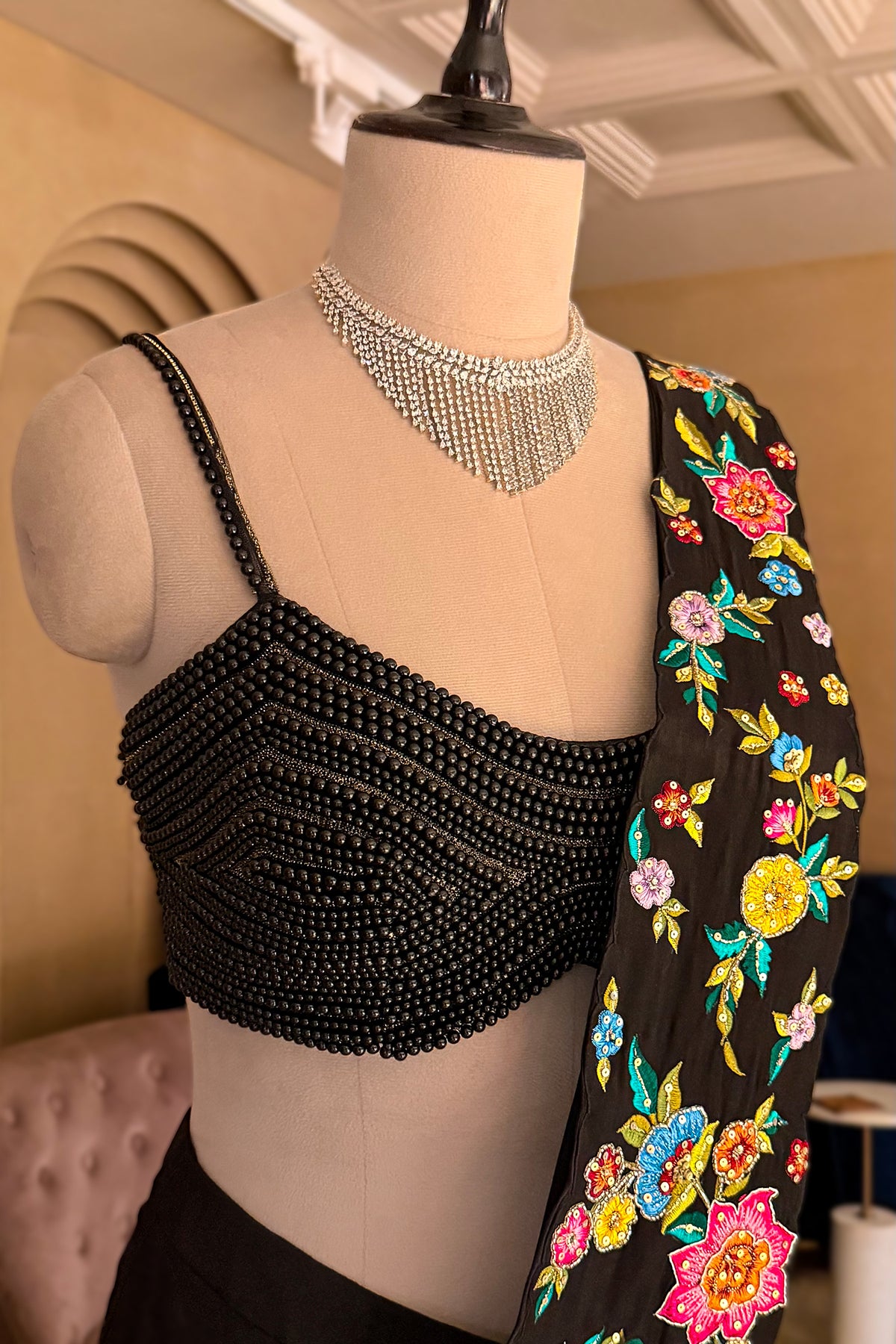 Black Crepe Satin Silk Floral Embroidered Readymade Saree