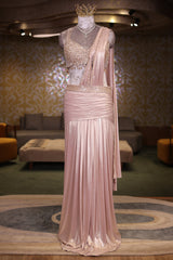 Blush Pink Metallic Pre-Draped Lehenga Saree Set with Hand-Embroidered Cutdana Choli