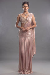 Blush Pink Metallic Pre-Draped Lehenga Saree Set with Hand-Embroidered Cutdana Choli