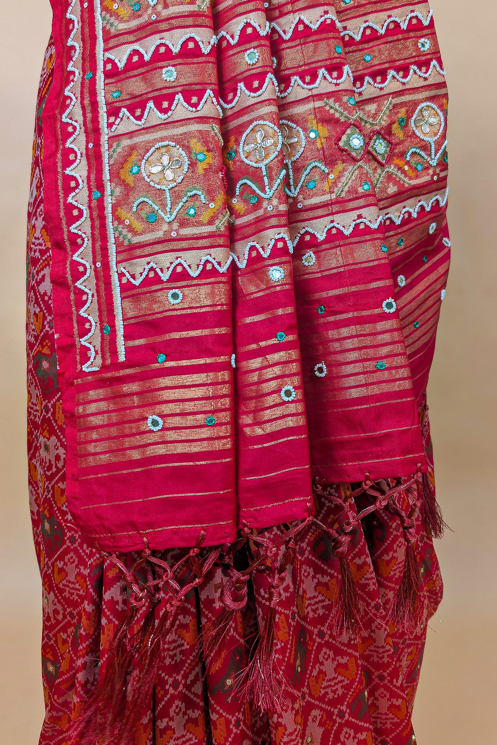 Pink Silk Traditional Patola Saree with Beads and Mirror Work