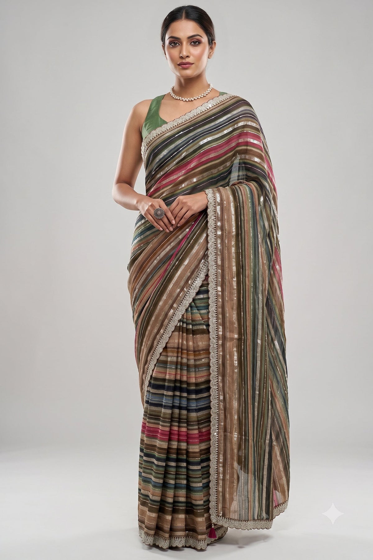 Brown and Multi Colored Georgette Striped Saree with Beads and Cutdana Lace