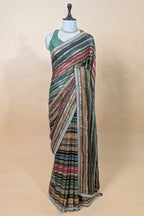Brown and Multi Colored Georgette Striped Saree with Beads and Cutdana Lace