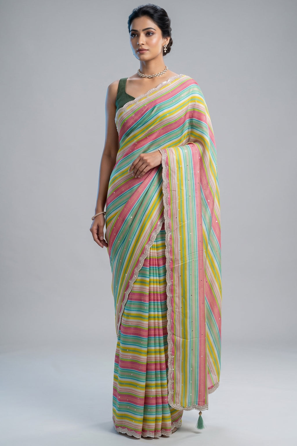 Multi Colored Satin Silk Stripe Printed Saree