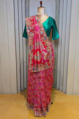 Pink Georgette Bandhej Saree with Handwork Embroidered Pallu