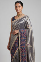 Blue Tissue Patch Worked Saree with Patola Border