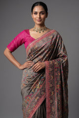 Grey Silk Thread Embroidered Saree