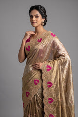 Golden and Silver Tissue Saree with Patola Patch Handwork Scallop Border