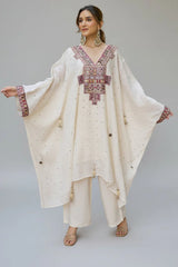 Pearl White Linen Mirror Embroidered Kaftan Set