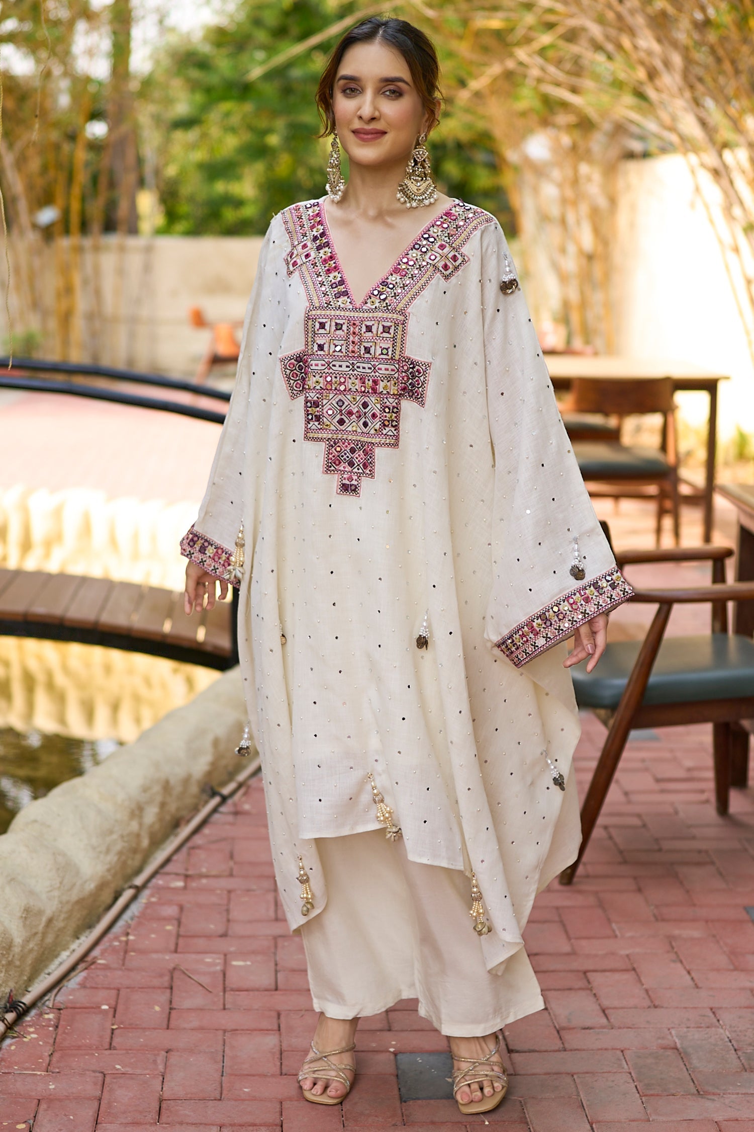 Pearl White Linen Mirror Embroidered Kaftan Set