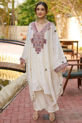 Pearl White Linen Mirror Embroidered Kaftan Set